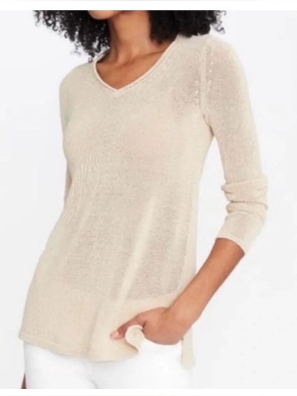 J. McLaughlin Beige V-Neck Havana Yarn V neck knit sweater